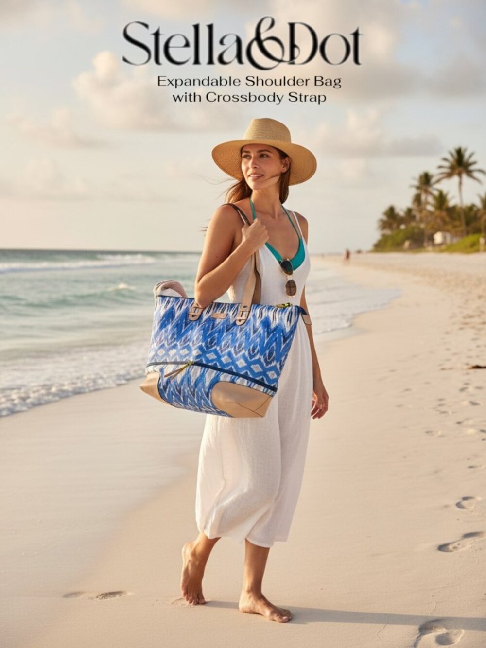 Stella & Dot Expandable Tote Blue Ikat Travel Weekender Shoulder Bag